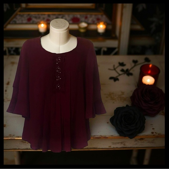 2/$30 🅢🅐🅛🅔 🌻 NWOT ✮ Burgundy Ruffle Sleeves Embellished Blouse • Autumn • School - Picture 1 of 5